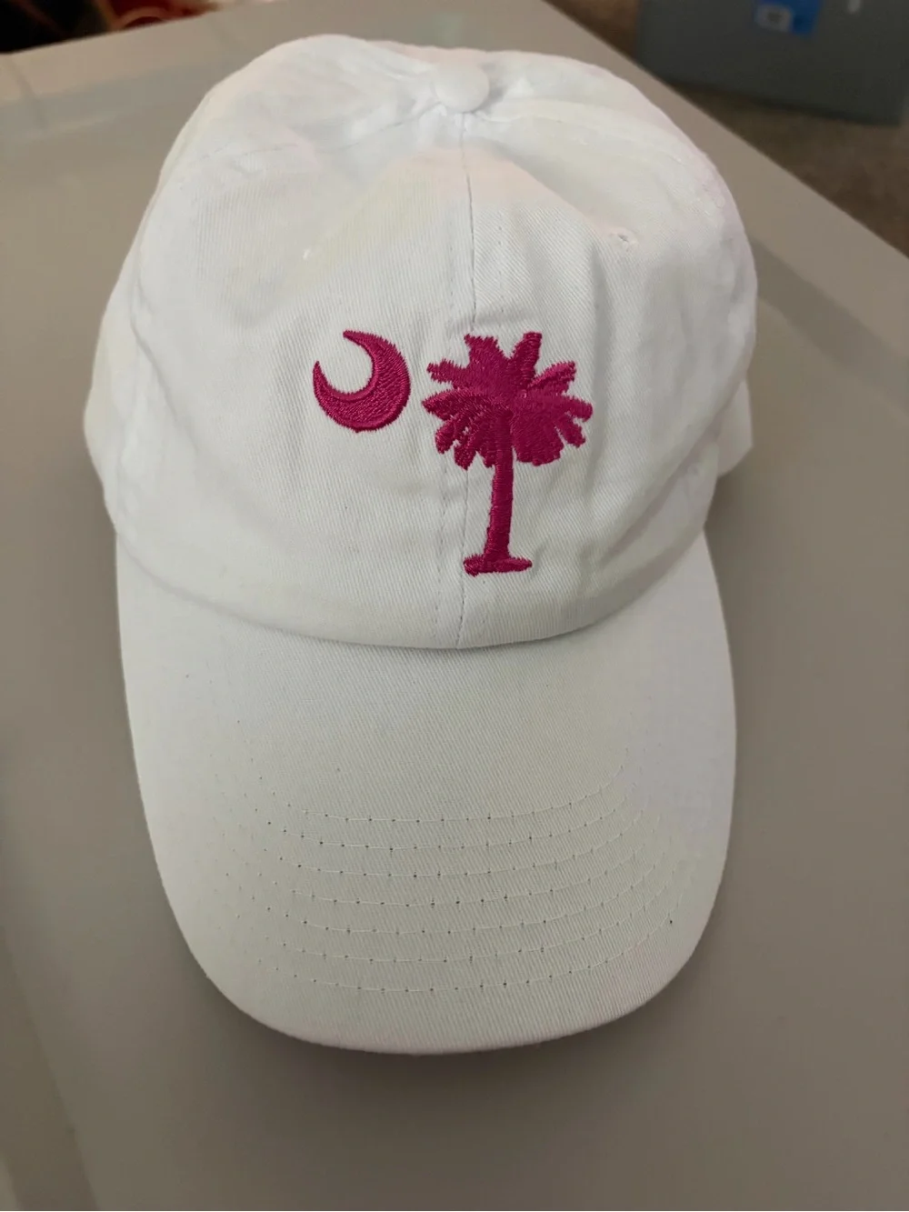 White Baseball Cap with Pink Palm Tree & Crescent Embroidery